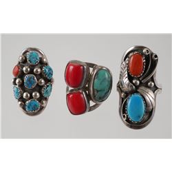 (3) NAVAJO Sterling & Turquoise & Red Coral Rings