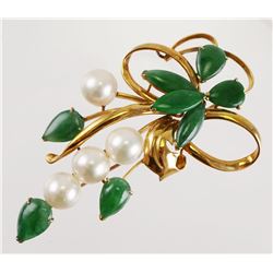 Imperial Jade 14k Gold Pearls Pin, Ty Lee