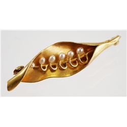 14K LEAF & Seed Pearl Pin Brooch