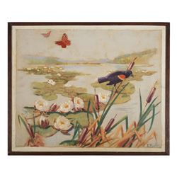 Early 20th O/C, Bird in Landscape, Illegible