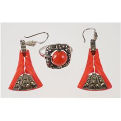 Art Deco Sterling & Coral Ring and Earrings