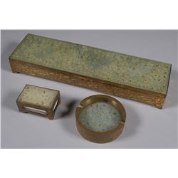 Chinese Brass & Jade Cigarette Box Smoke Set