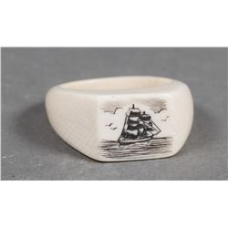 Old Carved Ivory Scrimshaw Ring of Ship Sailboat