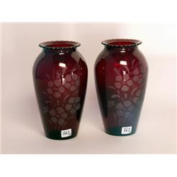 Ruby Glass Vases Floral Etched