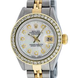 Rolex Ladies Quickset Two Tone MOP Channel Diamond Datejust Wristwatch With Rolex Box