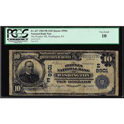 1902PB $20 Peoples NB of Washington, PA CH# 9901 National Currency Note PCGS VG10