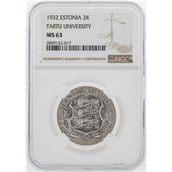 1932 Estonia 2 Krooni Tartu University Coin NGC MS63