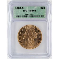 1904-S $20 Liberty Head Double Eagle Gold Coin ICG MS61