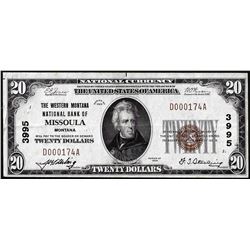 1929 $20 Western Montana NB of Missoula, MT CH# 3995 National Currency Note