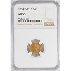1854 $1 Type 2 Liberty Head Gold Dollar Coin NGC AU55