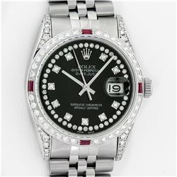 Rolex Mens Stainless Steel Diamond Lugs & Ruby Datejust Wristwatch