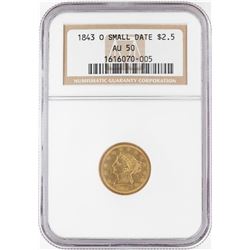 1843-O Small Date $2.5 Liberty Head Quarter Eagle Gold Coin NGC AU50
