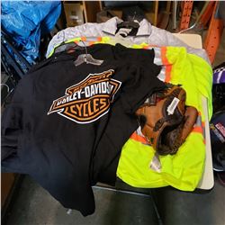 FOUR HARLEY DAVIDSON SHIRTS (M) & BASEBALL GLOVE WITH 2 HIGH VIS SHIRTS (2XL) AND JACKET (L)