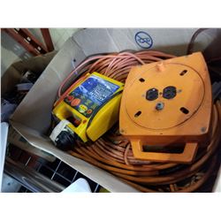 BOX OF EXTENSION CORDS AND BOX OF CAMP STOVE, ETC