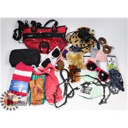 BOX OF KIPLING PURSE, KEYCHAINS, ACCESSORIES,BELTS