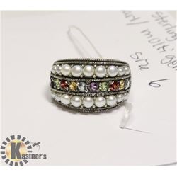 STERLING SILVER .925 PEARL/MULTI GEM RING SZ 6