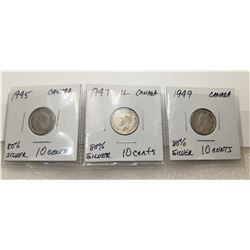 21)  LOT OF 3 SILVER (80%) CANADIAN DIMES