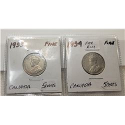 19)  LOT OF 2 CANADIAN SILVER NICKLES