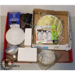 FLAT OF NEW LIGHT FIXTURES AND ASSORTED LIGHT