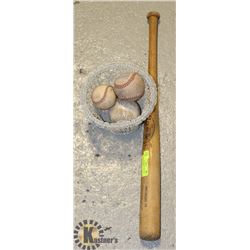 LOUISVILLE SLUGGER BASEBALL BAT WITH 3 BALLS