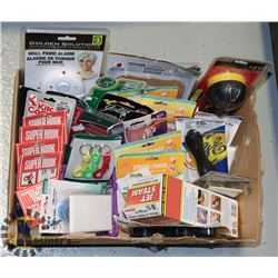 MISC HOUSE HOLD ITEMS. HOOKS, FLASH LIGHT