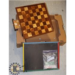VINTAGE CHECKERBOARD TABLE W/PIECES & CHALKBOARD
