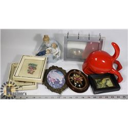 BOX OF HOME DECOR. CAST IRON DOG TAIL HOOK