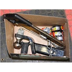 BOX OF HITCH, TOOLS AND MISC