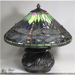 DRAGONFLY STAINGLASS LAMP, 16" TALL X 17" DIAMETER