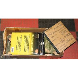 BOX OF 43 SANDING BELTS, 8 BUNDLES OF SAND PAPER
