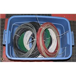 BLUE BIN WITH COILS OF PLASTIC COATED CABLES AND