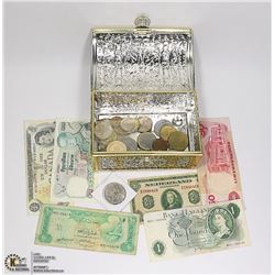 METAL TREASURE BOX WITH CANADIAN, US & FOREIGN