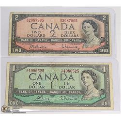 1954 CANADIAN $1 BILL & $2 BILL
