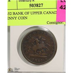 1852 BANK OF UPPER CANADA ONE PENNY COIN