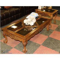 GLASS TOP COFFEE TABLE PLUS SIDE STOOL.