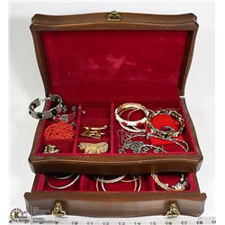 WOOD JEWELLERY BOX WITH CONTENTS