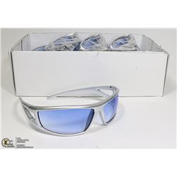BOX OF DESIGNER SUNGLASSES - SILVER WITH BLUE LENS