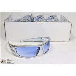 BOX OF DESIGNER SUNGLASSES - SILVER WITH BLUE LENS