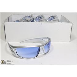 BOX OF DESIGNER SUNGLASSES - SILVER WITH BLUE LENS