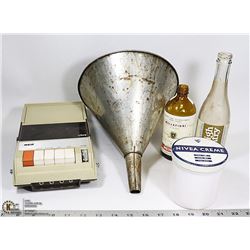 SMALL BOX OF VINTAGE BOTTLES / JARS / FUNNELS, ETC