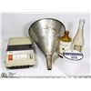 Image 1 : SMALL BOX OF VINTAGE BOTTLES / JARS / FUNNELS, ETC