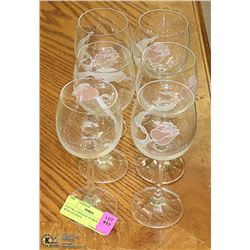LOT OF 6 CRYSTAL FLORAL ETCHED WINE GLASSES