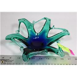 GREEN / BLUE ART GLASS BOWL  9" ACCROSS
