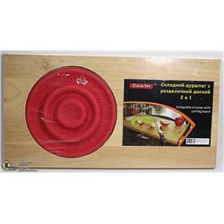 NEW WOOD CUTTING BOARD W/ COLLAPSIBLE STRAINER