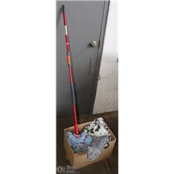 BOX OF NEW CLOTHING AND A MOP