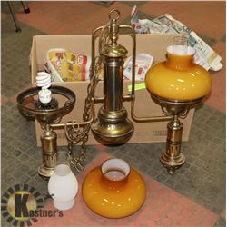 BRASS HANGING DUAL GLASS LAMP SHADE  CHANDELIER