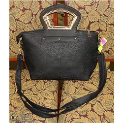 NEW LADIES BLACK HANDBAG WITH GOLD METAL ACCENTS &