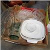 Image 2 : 2 TRAYS OF GLASS TRAYS, LARGE PEANUT JAR W/ LID, BLUE WHITE PITCHER, AND PLATES