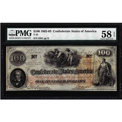 1862 $100 Confederate States of America Note T-41 PMG Choice About Uncirculated 58EPQ