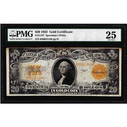1922 $20 Gold Certificate Note Fr.1187 PMG Very Fine 25